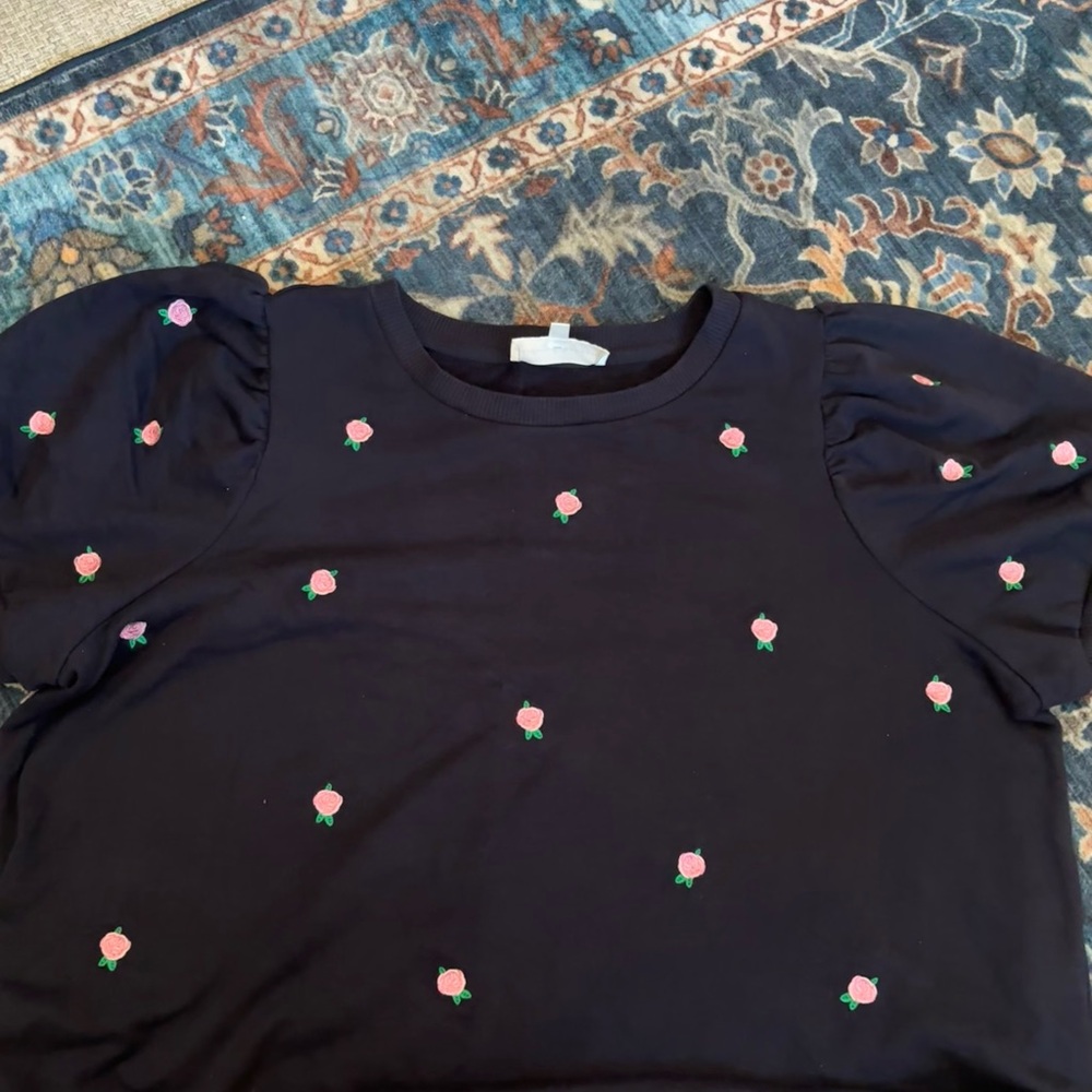 Navy Puff Sleeve Top with Pink Floral Embroidery